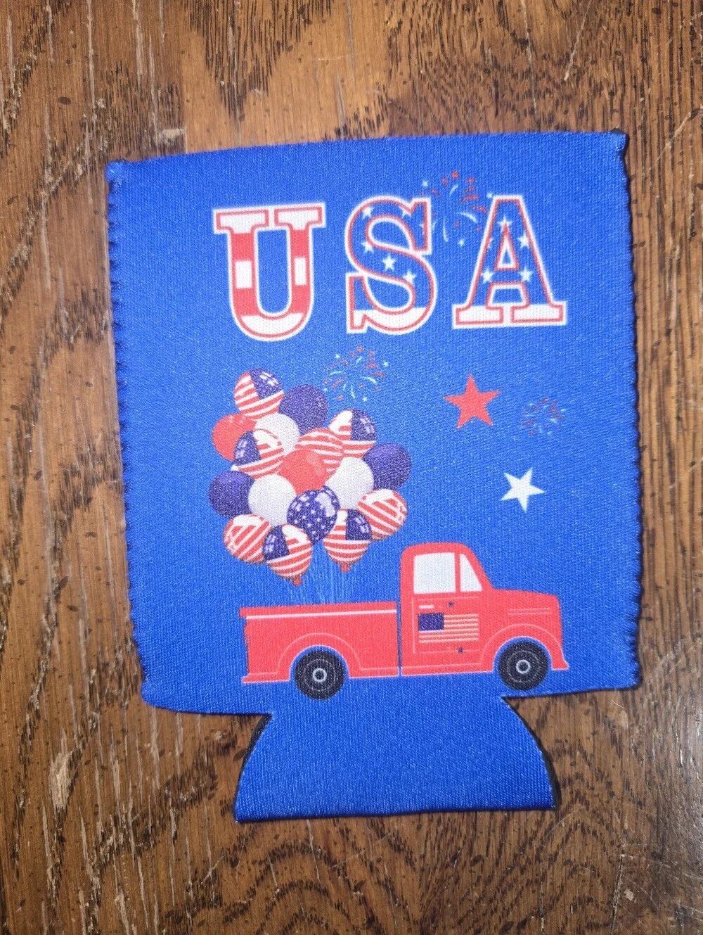 Patriotic USA Can Cooler Koozie with Truck and Balloons